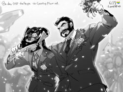 Rule 34 | 2boys, arm up, bara, beard, bouquet, confetti, couple, covering own eyes, cowboy hat, crowd, facial hair, flower, flower in pocket, formal, graves (league of legends), hair slicked back, happy, hat, hat over eyes, holding, holding bouquet, husband and husband, karipaku, league of legends, lgbt pride, long hair, male focus, mature male, multiple boys, muscular, muscular male, mustache, necktie, short hair, suit, thick eyebrows, twisted fate, upper body, wedding, yaoi