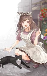 Rule 34 | 1girl, :d, absurdres, apron, breasts, brown hair, cat, commentary request, flower, flower pot, highres, idolmaster, idolmaster shiny colors, jewelry, large breasts, long hair, looking at viewer, necklace, open mouth, outdoors, pekoni (peconi), purple eyes, road, shirt, shoes, sign, skirt, smile, solo, squatting, tsukioka kogane, watch, waving, wristwatch