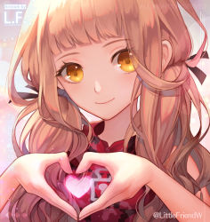 Rule 34 | 1girl, artist name, blonde hair, close-up, closed mouth, heart, heart hands, lf (paro), long hair, looking at viewer, reality arc (sinoalice), red riding hood (sinoalice), red shirt, shirt, sinoalice, smile, solo, twintails, yellow eyes