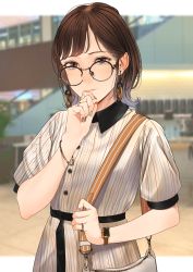 Rule 34 | 1girl, absurdres, bad id, bad pixiv id, bag, black-framed eyewear, blurry, blurry background, blush, bracelet, brown eyes, brown hair, building, collared dress, dress, earrings, glasses, hand on own face, hand up, handbag, highres, jewelry, looking at viewer, medium hair, mole, mole under eye, nail polish, original, parted lips, round eyewear, saitou (lynx-shrike), short sleeves, solo, standing, striped clothes, striped dress, watch, white dress