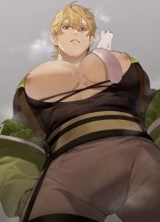Rule 34 | 1boy, animal, animal on shoulder, bara, black shirt, blonde hair, blouse, brown eyes, green jacket, grey pants, highres, jacket, large pectorals, looking at viewer, male focus, muscular, muscular male, nipples, nu carnival, off shoulder, open clothes, open jacket, pants, pectoral cleavage, pectoral focus, pectorals, puffy chest, quincy (nu carnival), season2re, shirt, short hair, suspenders, sweat, topper (nu carnival)