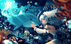 Rule 34 | 1girl, air bubble, anchor, aqua eyes, bare back, bow, breasts, bubble, clownfish, coral, dolphin, dress, fish, flower, grey hair, hair flower, hair ornament, jellyfish, jewelry, kurosawalena, long hair, looking at another, medium breasts, necklace, necomi, original, pearl necklace, scenery, seaweed, sideboob, smile, solo, underwater, wedding dress