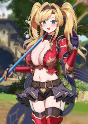Rule 34 | 1girl, absurdres, armor, belt, bike shorts, black gloves, black shirt, black shorts, black skirt, black thighhighs, blonde hair, blue eyes, boobplate, bracer, breastplate, breasts, claw ring, cleavage, cleavage cutout, clothing cutout, cowboy shot, crop top, day, dishui tangni, gloves, granblue fantasy, greaves, hairband, hand up, highres, holding, holding polearm, holding weapon, large breasts, long hair, looking at viewer, midriff, miniskirt, navel, open mouth, outdoors, pleated skirt, polearm, shirt, short shorts, shorts, shorts under skirt, shoulder guard, showgirl skirt, skirt, smile, solo, standing, stomach, thighhighs, thighs, twintails, undershirt, weapon, zeta (granblue fantasy)