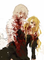 2girls black_dress blonde_hair blood blood_on_clothes blood_on_face blood_on_hands blood_on_mouth body_fur centauroid chimera dress dungeon_meshi elf falin_touden falin_touden_(chimera) feathers highres holding injury long_hair long_sleeves looking_at_viewer marcille_donato messy_hair monster_girl multiple_girls open_mouth pointy_ears short_hair taur tears white_background white_feathers xaki_(chanxaki) yellow_eyes