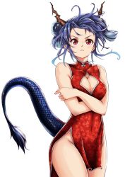 Rule 34 | 1girl, arknights, bare arms, bare shoulders, blue hair, breasts, ch&#039;en (ageless afterglow) (arknights), ch&#039;en (arknights), china dress, chinese clothes, cleavage, cleavage cutout, clothing cutout, commentary request, cowboy shot, crossed arms, dragon horns, dragon tail, dress, groin, hair bun, horns, kama o nu, looking at viewer, medium breasts, official alternate costume, pelvic curtain, red dress, red eyes, short hair, simple background, sleeveless, sleeveless dress, solo, standing, tail, thighs, white background