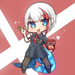Rule 34 | 1girl, admiral graf spee (azur lane), admiral graf spee (girl&#039;s sunday) (azur lane), aiguillette, artist name, azur lane, bag of chips, black dress, black pantyhose, blue eyes, bugles, bugles (food), bugles on fingers, chibi, dress, fins, fish tail, food in mouth, food on hand, full body, grey hair, multicolored hair, necktie, pantyhose, red background, red hair, seele0907, short hair, solo, standing, streaked hair, tail, two-tone background, white background