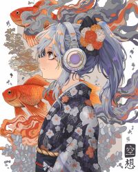 Rule 34 | 1girl, absurdres, bow, expressionless, fish, floral print, flower, from side, goldfish scooping, grey background, hair flower, hair ornament, hair scrunchie, headphones, highres, japanese clothes, kimono, medium hair, multicolored hair, obi, one side up, orange eyes, orange flower, original, plant-new-art, print kimono, purple hair, red flower, sash, scrunchie, side ponytail, solo, two-tone background, upper body, white background, white bow, white flower, white hair, wide sleeves, yukata