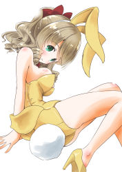 Rule 34 | 1girl, absurdres, animal ears, bare legs, bow, bowtie, breasts, brown hair, commentary request, detached collar, drill hair, fake animal ears, feet out of frame, green eyes, hair between eyes, hair ribbon, hatakaze (kancolle), high heels, highres, kantai collection, leotard, medium breasts, one-hour drawing challenge, parted lips, playboy bunny, ponytail, rabbit ears, rabbit tail, red bow, red bowtie, red ribbon, ribbon, simple background, solo, strapless, strapless leotard, tail, taisinkoku, white background, yellow footwear, yellow leotard