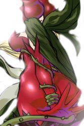 Rule 34 | 1girl, ass, blonde hair, bodysuit, cape, covered eyes, curvy, digimon, flower, gloves, green cape, highres, open hand, red bodysuit, red gloves, rose, rosemon, shiny clothes, solo, thorns, two-tone cape