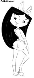 Rule 34 | 1girl, ass, black eyes, black hair, bow, female focus, full body, greyscale, hair bow, highres, isabella garcia-shapiro, long hair, looking back, monochrome, phineas and ferb, s.nekitosso, simple background, smile, solo, white background