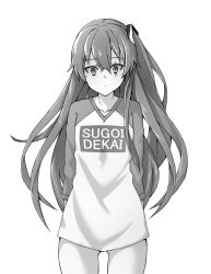 Rule 34 | 1girl, clothes writing, commentary request, cowboy shot, girls&#039; frontline, greyscale, hair between eyes, highres, long hair, long sleeves, meme attire, monochrome, raglan sleeves, scar, scar across eye, scar on face, shirt, simple background, solo, sugoi dekai, t-shirt, ten., ump45 (girls&#039; frontline), white background