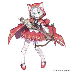 Rule 34 | 1girl, :o, animal ear fluff, animal ears, animal hood, aqua eyes, blush, bow (weapon), brown gloves, capriccio, child, cloak, commentary request, copyright notice, copyright request, crossbow, fake animal ears, flower, full body, gloves, hair between eyes, holding, holding weapon, hood, hood up, hooded cloak, long sleeves, official art, pantyhose, parted lips, pink flower, pleated skirt, red cloak, red footwear, red skirt, scope, shirt, shoes, simple background, skirt, solo, standing, striped clothes, striped pantyhose, vambraces, vertical-striped clothes, vertical-striped pantyhose, watermark, weapon, white background, white hair, white pantyhose, white shirt