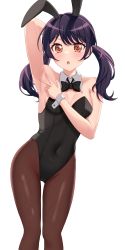 Rule 34 | 1girl, animal ears, armpits, baek hyang&#039;geum, bang dream!, black bow, black bowtie, black hair, black leotard, black pantyhose, bow, bowtie, breasts, brown eyes, commentary request, detached collar, feet out of frame, futaba tsukushi, highleg, highleg leotard, highres, korean commentary, leotard, long hair, looking at viewer, medium breasts, pantyhose, playboy bunny, presenting armpit, rabbit ears, simple background, solo, strapless, strapless leotard, twintails, white background, wrist cuffs