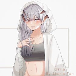 Rule 34 | 1girl, akaria tan, arknights, artist name, bandaged arm, bandages, blush, breasts, brown eyes, character name, commentary request, crop top, earrings, grey background, grey shirt, grin, hair between eyes, hand on own chest, hand up, highres, hood, horns, jewelry, large breasts, long hair, looking at viewer, midriff, nail polish, orange nails, saria (arknights), shirt, silver hair, simple background, smile, solo, sweat, upper body