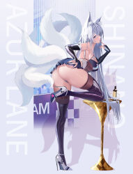 Rule 34 | 1girl, absurdres, animal ears, ass, azur lane, bare shoulders, black gloves, blush, breasts, cleavage, covered navel, detached collar, detached sleeves, fox ears, fox girl, fox tail, full body, gloves, high heels, highres, large breasts, latex, leotard, long hair, looking at viewer, maho shi ma, multiple tails, official alternate costume, purple eyes, race queen, shinano (azur lane), shinano (moonlit chrome) (azur lane), skin tight, skindentation, skirt, solo, tail, very long hair, white hair
