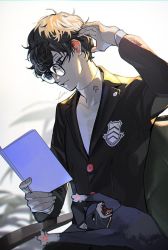 Rule 34 | amamiya ren, animal, black-framed eyewear, black eyes, black hair, black jacket, blurry, blurry background, book, btmr game, cat, chair, closed eyes, commentary request, glasses, hair between eyes, holding, holding book, jacket, long sleeves, morgana (persona 5), open mouth, persona, persona 5, plant, school uniform, shirt, shuujin academy school uniform, signature, simple background, sitting, upper body, white background
