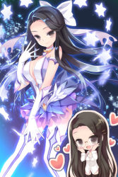 Rule 34 | 1girl, alternate costume, bare shoulders, black hair, black thighhighs, boots, breasts, chibi, cleavage, dress shirt, elbow gloves, forehead, glasses, gloves, grey eyes, grin, half updo, hands on own cheeks, hands on own face, heart, ieban, knee boots, layna scentriver, long hair, lowres, night, open mouth, outstretched hand, shirt, skirt, smile, star (symbol), sword girls, thighhighs, very long hair