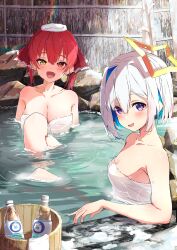 Rule 34 | 2girls, absurdres, alternate breast size, amane kanata, bare shoulders, blue hair, blush, bottle, breasts, bucket, cleavage, collarbone, daifuku (yukihana lamy), dot nose, fang, fence, halo, heterochromia, highres, hololive, houshou marine, large breasts, looking at viewer, multicolored hair, multiple girls, naked towel, onsen, open mouth, purple eyes, red eyes, red hair, rock, short hair, sitting, small breasts, spice mega, star halo, streaked hair, towel, towel on head, twintails, virtual youtuber, water, water bottle, wet, white hair, wooden fence, yellow eyes
