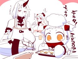 Rule 34 | &gt; &lt;, 10s, 3girls, :3, = =, > <, abyssal ship, anchor, animal ears, apron, baking sheet, breasts, chef hat, claws, closed eyes, comic, commentary request, cookie, detached sleeves, enemy aircraft (kancolle), food, hair up, hat, horns, huge breasts, kantai collection, large breasts, long hair, long sleeves, midway princess, mittens, multiple girls, northern ocean princess, open mouth, orange eyes, rabbit ears, red eyes, rolling pin, sako (bosscoffee), seaport princess, shimakaze (kancolle), short hair, sidelocks, single horn, sitting, sitting on head, sitting on person, smile, star (symbol), translation request, wide sleeves, x3, yukikaze (kancolle)