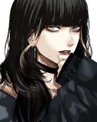Rule 34 | 1girl, black choker, black hair, black shirt, blonde hair, choker, commentary, ear piercing, earrings, grey eyes, hand up, hashtag-only commentary, highres, hoshi san 3, jewelry, lip piercing, long hair, long sleeves, looking at viewer, mole, mole on cheek, multicolored hair, original, parted lips, piercing, shirt, simple background, sleeves past wrists, solo, streaked hair, upper body, white background