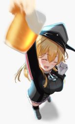 Rule 34 | 1girl, anchor hair ornament, arm up, beer mug, blonde hair, blush, breasts, clenched hand, closed eyes, cup, from above, gloves, grey background, hair between eyes, hair ornament, hand up, happy, hat, highres, holding mug, kamome donburi, kantai collection, large breasts, long hair, looking at viewer, low twintails, microskirt, military, military uniform, mug, open mouth, peaked cap, prinz eugen (kancolle), sidelocks, simple background, skirt, smile, solo, standing, thighhighs, twintails, uniform, white gloves