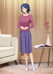 Rule 34 | 1girl, basket, blue hair, blush, couch, curtains, flower, hair ornament, hairclip, highres, jewelry, long hair, long sleeves, looking at viewer, mole, mole under eye, multiple rings, original, own hands together, purple skirt, red flower, red sweater, ring, skirt, socks, solo, standing, sweater, table, white socks, yewang19