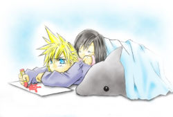 Rule 34 | 1990s (style), aged down, bed, blanket, blue background, closed eyes, cloud strife, dolphin, final fantasy, final fantasy vii, hug, hug from behind, retro artstyle, simple background, sleeping, stuffed animal, stuffed toy, tifa lockhart, white background
