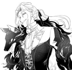 Rule 34 | 1boy, animal ears, bishounen, costume request, fate/grand order, fate (series), feather boa, from side, greyscale, highres, long hair, looking at viewer, male focus, monochrome, official alternate costume, rapizuri, smile, very long hair, white background, wolf, wolf ears, wolfgang amadeus mozart (fate), wolfgang amadeus mozart (formal dress) (fate)
