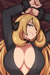 Rule 34 | 1girl, akairiot, arms up, bed sheet, blonde hair, blue eyes, bound, bound wrists, breasts, chain, chained, cleavage, closed mouth, collarbone, creatures (company), cynthia (pokemon), game freak, hair ornament, hair over one eye, highres, large breasts, lipstick, long hair, long sleeves, looking at viewer, lying, makeup, nintendo, no bra, on back, on bed, pokemon, pokemon dppt, seductive smile, smile, solo, upper body, very long hair