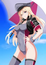 Rule 34 | 1girl, adapted costume, bismarck (kancolle), black jacket, blonde hair, cowboy shot, cropped jacket, grey leotard, grey one-piece swimsuit, grey thighhighs, hand on own hip, hat, highleg, highleg leotard, highleg swimsuit, highres, jacket, kantai collection, kurihara kenshirou, leotard, long hair, military hat, one-piece swimsuit, peaked cap, purple eyes, race queen, smile, solo, swimsuit, thighhighs, umbrella, wristband