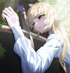 Rule 34 | 1girl, absurdres, akiaki aki, blonde hair, dress, eyelashes, fang, flower, highres, holding, holding flower, jewelry, lips, long hair, long sleeves, original, parted lips, red eyes, ring, scar, scar on hand, solo, tears, white dress
