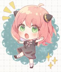 Rule 34 | 1girl, ahoge, anya (spy x family), black dress, black footwear, blush, chibi, dress, full body, green eyes, highres, looking at viewer, neck ribbon, notice lines, open hands, open mouth, outstretched arms, pink hair, pink ribbon, ribbon, shikamori kodama, short hair, short sleeves, socks, solo, spy x family, standing, standing on one leg, star (symbol), twitter username, white socks
