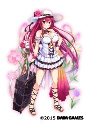 Rule 34 | 1girl, ankle lace-up, arm garter, arm scrunchie, bare shoulders, blush, bodice, breasts, cattleya (flower knight girl), cleavage, copyright name, cross-laced clothes, cross-laced footwear, flower, flower knight girl, frilled skirt, frills, full body, hair between eyes, halterneck, hand on own hip, hat, hat flower, highres, large breasts, layered skirt, long hair, looking at viewer, name connection, no socks, object namesake, official art, orchid, red eyes, red hair, red scrunchie, rolling suitcase, sandals, scrunchie, sidelocks, skirt, sleeveless, smile, solo, standing, strappy heels, suitcase, sun hat, toes, utsurogi akira, watermark, white background, white hat, white scrunchie, white skirt, wrist scrunchie