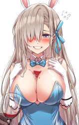 Rule 34 | 1girl, alcohol, animal ears, asuna (blue archive), asuna (bunny) (blue archive), bare shoulders, blue archive, blue eyes, blue leotard, blush, bow, bowtie, breasts, cleavage, dark skin, detached collar, elbow gloves, fake animal ears, gloves, grin, hair over one eye, highres, large breasts, leotard, light brown hair, lips, long hair, looking at viewer, mole, mole on breast, playboy bunny, rabbit ears, smile, solo, traditional bowtie, white gloves, wine, yoshimoto (carpsukidayo)