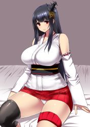 Rule 34 | 10s, 1girl, bare shoulders, black hair, blush, breasts, curvy, detached sleeves, fusou (kancolle), hair ornament, ishimiso (ishimura), japanese clothes, kantai collection, large breasts, long hair, looking at viewer, microskirt, miko, multiple girls, nontraditional miko, panties, pantyshot, red eyes, sitting, skirt, smile, solo, underwear, wide hips