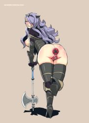 Rule 34 | 1girl, anal, anal object insertion, artist name, ass, axe, bent over, blue eyes, blue hair, blush, boots, bottomless, breasts, butt plug, camilla (fire emblem), censored, double penetration, feet, female masturbation, fire emblem, fire emblem fates, freckles, from behind, hair over one eye, hairband, long hair, looking at viewer, looking back, masturbation, matching hair/eyes, multiple penetration, navel, nintendo, nipples, object insertion, purple hair, sex toy, sideboob, simple background, sinner! (sillygirl), solo, thick thighs, thigh boots, thighhighs, thighs, uncensored, vaginal, vaginal object insertion, watermark, weapon, web address