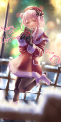 Rule 34 | 1girl, absurdres, alternate costume, azuma (sospower73), beret, blue archive, blurry, blurry background, blurry foreground, blush, christmas, city lights, english text, fence, gift, gloves, hair between eyes, hair ornament, hat, highres, leg up, open mouth, pantyhose, pink eyes, pink hair, santa costume, serina (blue archive), shoes, solo