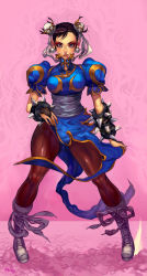 Rule 34 | 1girl, black hair, boots, bracelet, bun cover, capcom, chinese clothes, chun-li, double bun, earrings, elsevilla, eyeshadow, full body, highres, jewelry, looking at viewer, makeup, mole, mole under mouth, pantyhose, pink background, puffy sleeves, solo, spiked bracelet, spikes, street fighter, thick thighs, thighs, toned