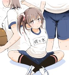 Rule 34 | 1girl, arm behind head, arms up, ball, basketball, basketball (object), black socks, blue shorts, blush, brown eyes, brown hair, closed mouth, commentary request, crossed ankles, fujisaka lyric, gym shirt, gym shorts, gym uniform, hair between eyes, hair ornament, hair scrunchie, kneehighs, loafers, name tag, one side up, original, pink scrunchie, scrunchie, shadow, shirt, shoes, short shorts, shorts, sitting, socks, standing, stretching, sweat, uwabaki, white background, white footwear, white shirt