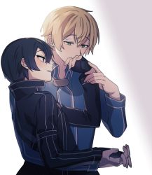 Rule 34 | 2boys, arm around waist, bad id, bad pixiv id, black gloves, black jacket, blonde hair, blue hair, blue jacket, commentary, eugeo, fingerless gloves, gloves, green eyes, grey background, hair between eyes, holding hands, interlocked fingers, jacket, kirito, kiss, kissing hand, long sleeves, looking at another, male focus, multiple boys, parted lips, ryeonghwa, short hair, simple background, smile, sword art online, sword art online: alicization, upper body, yaoi