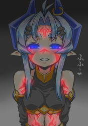 Rule 34 | 1girl, ahoge, bare shoulders, blue eyes, blue hair, blush, breasts, dark persona, detached sleeves, earrings, eyebrows, facial mark, gem, glowing, glowing eyes, hair ornament, heart, horn ornament, horn ring, horns, jewelry, long hair, looking at viewer, markings, matching hair/eyes, midriff, navel, original, pointy ears, small breasts, smile, solo, thick eyebrows, to-gnaniwa, upper body