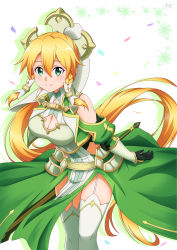 Rule 34 | 1girl, arm behind back, armor, bare shoulders, blonde hair, blush, braid, breastplate, breasts, cleavage, cleavage cutout, clothing cutout, detached sleeves, dress, elbow gloves, floral background, garter straps, gloves, green dress, green eyes, hair between eyes, highres, ken-ji, large breasts, leafa, leafa (terraria), long hair, looking at viewer, outline, petals, ponytail, side braids, smile, solo, sword art online, sword art online: alicization, thighhighs, thighs, twin braids, very long hair, white background, white thighhighs