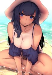 Rule 34 | 1girl, absurdres, bare shoulders, bikini, black hair, blue eyes, blue shirt, breasts, cleavage, closed mouth, hair between eyes, hat, highres, large breasts, long hair, looking at viewer, mole, mole on breast, original, partially submerged, ryuji (ikeriu), shirt, sitting, sun hat, swimsuit, tan, tanline, water