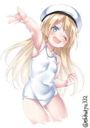 Rule 34 | 1girl, beret, blonde hair, blue eyes, blush, ebifurya, hat, highres, jervis (kancolle), kantai collection, long hair, looking at viewer, one-piece swimsuit, one eye closed, open mouth, outstretched arm, sailor hat, school swimsuit, simple background, solo, swimsuit, twitter username, white background, white one-piece swimsuit