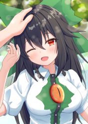 Rule 34 | 1boy, 1girl, :d, absurdres, black hair, blurry, blurry background, blush, bokeh, bow, breasts, buttons, commentary request, depth of field, frilled shirt collar, frills, green bow, hair between eyes, hair bow, hand on another&#039;s head, hand up, headpat, highres, large breasts, long hair, looking at viewer, o1118, one eye closed, open mouth, pov, pov hands, puffy short sleeves, puffy sleeves, red eyes, reiuji utsuho, shirt, short sleeves, smile, solo focus, touhou, upper body, very long hair, white shirt, wing collar