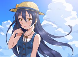 Rule 34 | 1girl, arm up, bare shoulders, blue hair, blush, cloud, commentary request, day, hair between eyes, hat, long hair, looking at viewer, love live!, love live! school idol project, open mouth, sky, solo, sonoda umi, straw hat, sweat, yanekawara, yellow eyes