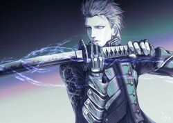 Rule 34 | 1boy, black gloves, coat, devil may cry (series), devil may cry 5, fingerless gloves, gloves, hair slicked back, holding, holding sword, holding weapon, male focus, simple background, solo, sword, tetsukojika, vergil (devil may cry), weapon, yamato (sword)