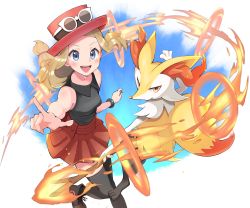 Rule 34 | 1girl, :d, animal ear fluff, animal nose, bare shoulders, black footwear, black shirt, black thighhighs, blonde hair, blue background, blue eyes, blush, braixen, breasts, collared shirt, commentary request, cowboy shot, creatures (company), etyaduke, eyewear on headwear, fire, game freak, gen 6 pokemon, hat, highres, long hair, looking at viewer, mega ring, nintendo, open mouth, pleated skirt, pointing, pokemon, pokemon (creature), pokemon masters ex, pokemon xy, red headwear, red skirt, serena (pokemon), shirt, shoes, skirt, sleeveless, sleeveless shirt, smile, sneakers, snout, standing, standing on one leg, sunglasses, teeth, thighhighs, upper teeth only, white background, zettai ryouiki
