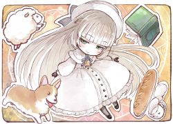 Rule 34 | .live, 1girl, animal ears, baguette, bell, black footwear, black gloves, blunt bangs, blush, book, bow, bread, buttons, capelet, commentary request, cup, dog, dress, flower ornament, food, frilled dress, frills, fur-trimmed capelet, fur trim, gloves, hat, hat bow, long hair, long sleeves, merry milk, puffy long sleeves, puffy sleeves, sakino shingetsu, sheep, sheep ears, smile, steam, very long hair, virtual youtuber, welsh corgi, white capelet, white dress, white hair, white headwear