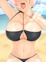 Rule 34 | 1girl, absurdres, azur lane, bikini, black bikini, blurry, blurry background, breasts, cleavage, day, fellatio gesture, head out of frame, highres, large breasts, leo (dyuminas), lower teeth only, o-ring, o-ring top, open mouth, oral invitation, outdoors, pink hair, saliva, scrunchie, short hair, sirius (azur lane), sirius (scorching-hot seirios) (azur lane), solo, suggestive fluid, summer, swimsuit, teeth, tongue, uvula, wet, white scrunchie, wrist scrunchie